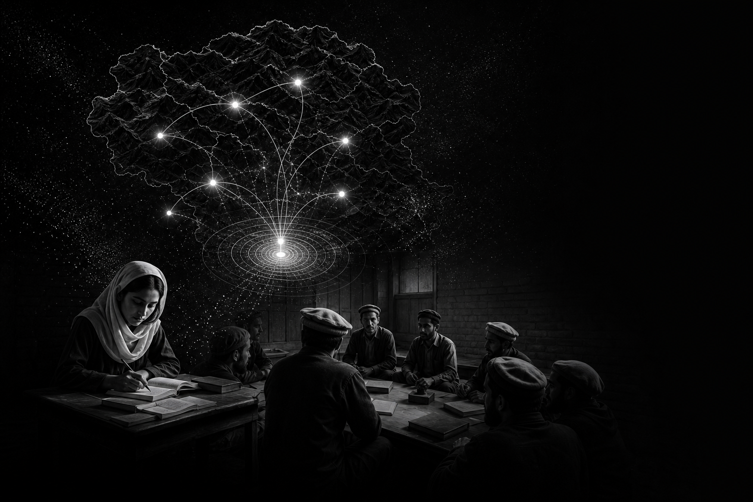 Monochrome community learning scene with a Gilgit Baltistan signal map